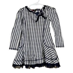 Kate Mack Long Sleeve Dress Tulle Trim White Navy Blue Houndstooth SZ 2T